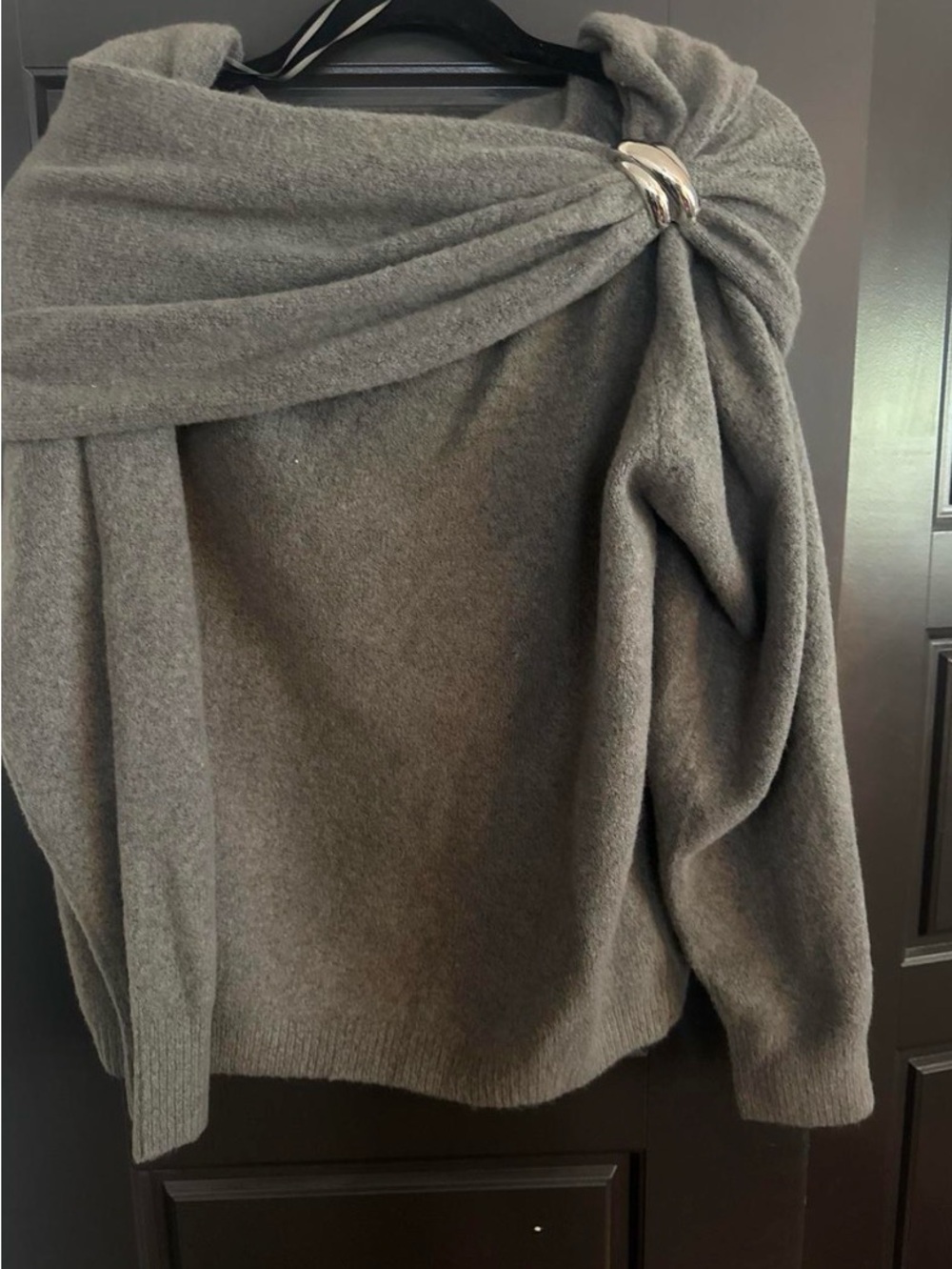 Zara Charcoal Off-Shoulder Sweater with Silver Ring Detail